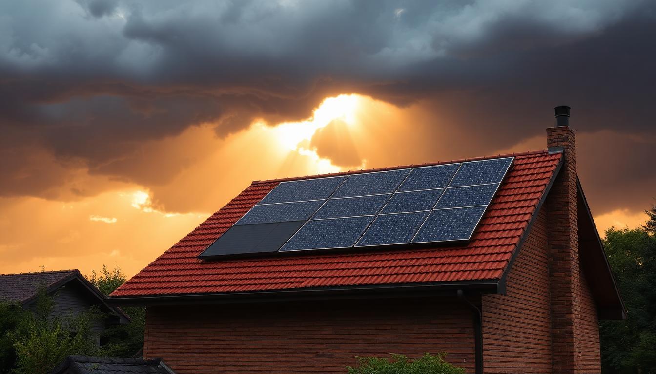 Haus mit Photovoltaikanlage unter dramatischem Gewitterhimmel