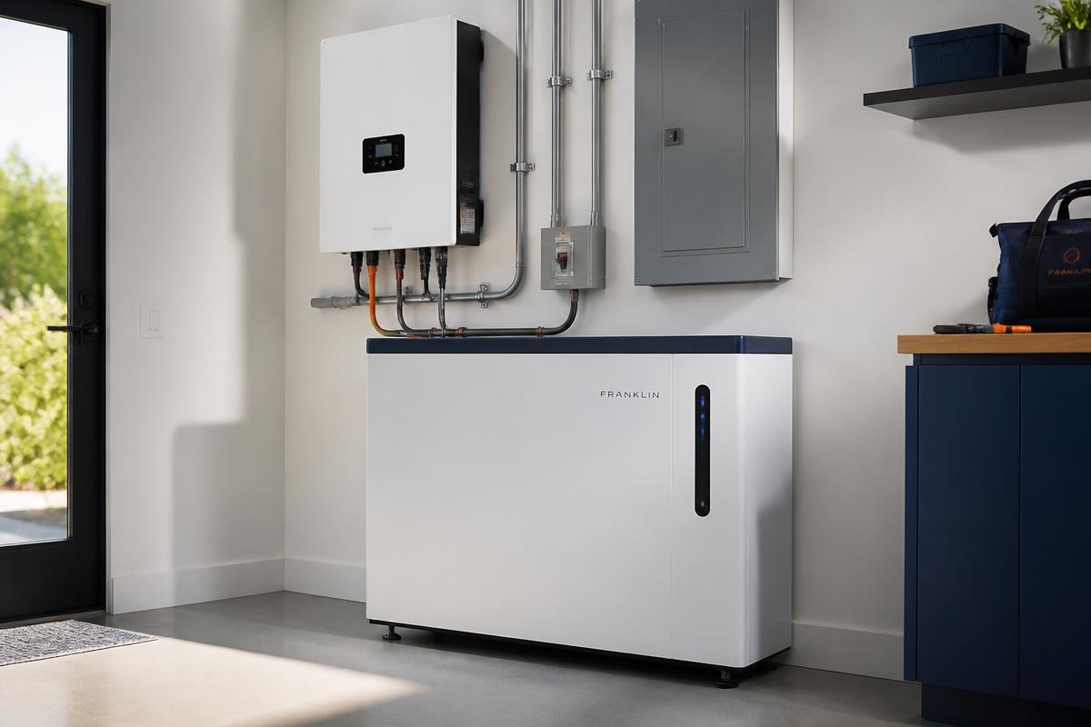 Moderner Batteriespeicher mit Wechselrichter und Sicherungstechnik in einem Hauswirtschaftsraum