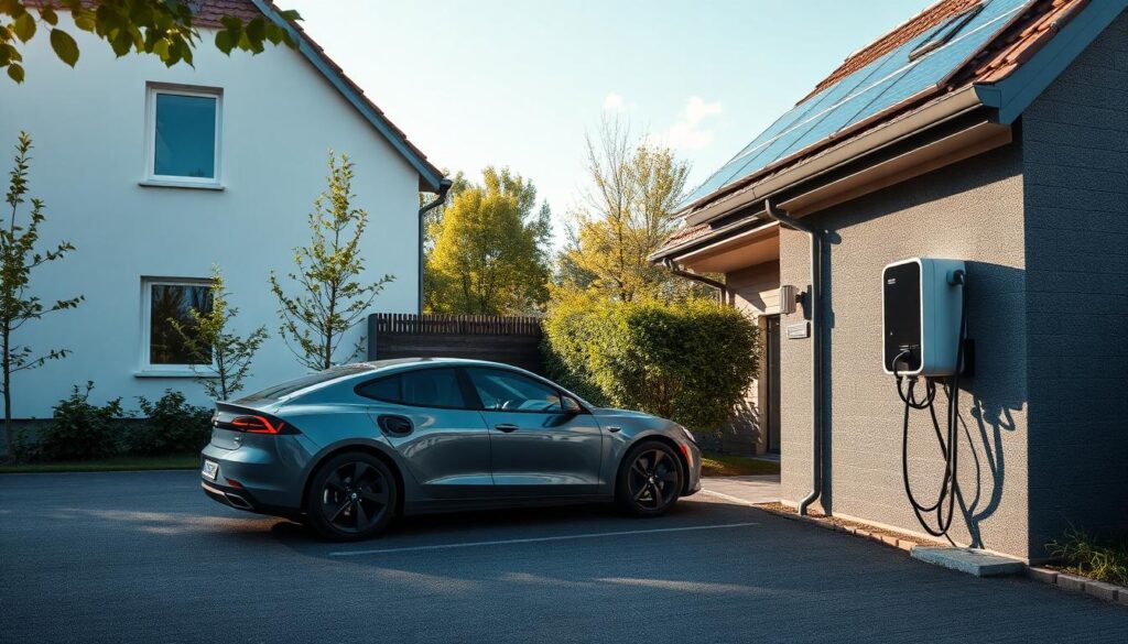 E-Auto lädt an einer Wallbox vor einem Haus mit Photovoltaikanlage