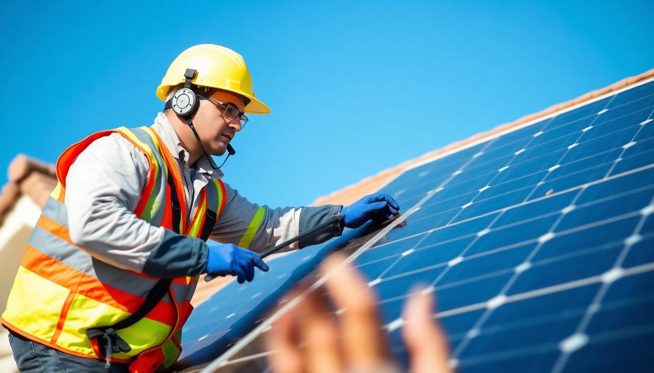 Techniker prüft und reinigt Solarmodule auf einem Hausdach